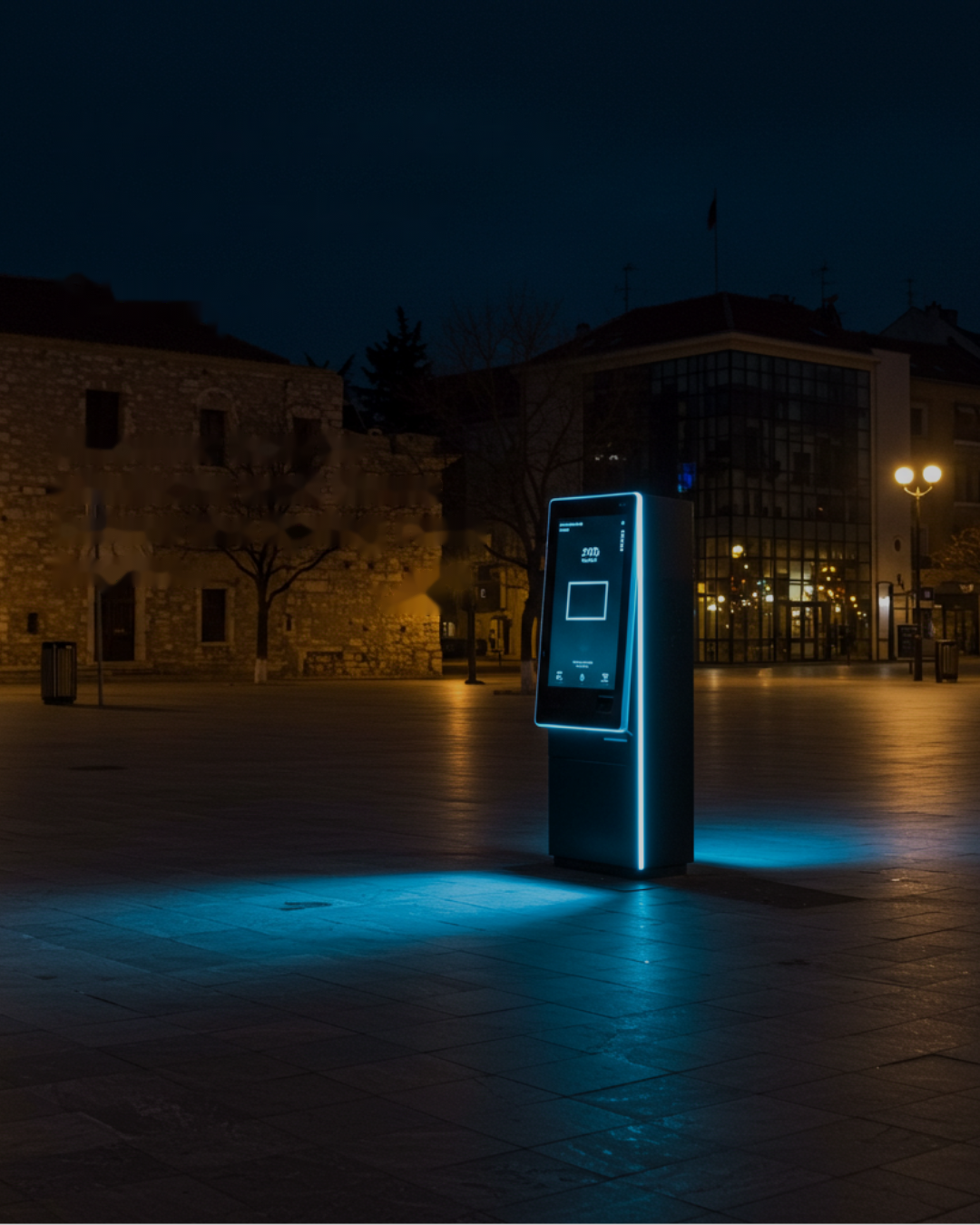 branded Identa Totem deployed in a municipal lobby, a citizen using the touchscreen